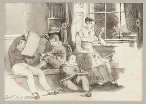 ジェシーと3人の子供、1815年（紙にトイレ） 作： John Harden