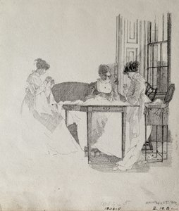 レディースソーイング、1805年（紙にペンとインク） 作： John Harden