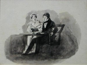 読書する男と女（紙にペンとインクのウォッシュ）