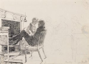囲炉裏にペンで読む男（紙にペンとk） 作： John Harden