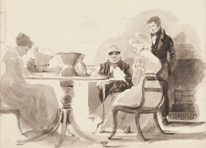 3人の女性が座っているテーブルに立っている男性（トイレットペーパー） 作： John Harden