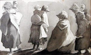 子供を抱っこする母親（紙にペンとインクのウォッシュ） 作： John Harden