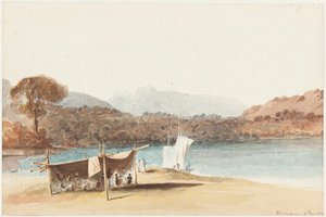 ウィンダミア湖の避難所でのピクニック、1822年（紙にトイレ） 作： John Harden