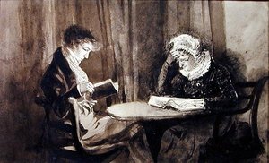 読書（紙にペンとインク、ウォッシュ