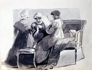 ソファに座る3人の女性（紙にペンとインクのウォッシュ）