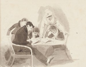 宿題をしている2人の男の子、1811年（紙にトイレ） 作： John Harden