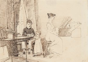 ピアノを弾く2人の子供と女性、1807年 作： John Harden