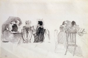 2つの着席グループ（紙にペンとインク）（143939も参照） 作： John Harden