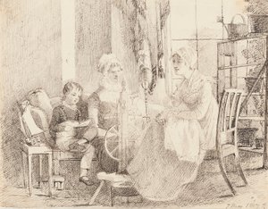 紡ぎ車に乗る女性とおもちゃのボートを持つ少年、1807