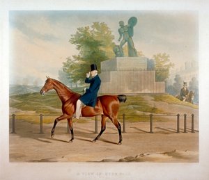 ロンドンのハイドパークにあるアキレス像の前を馬で通り過ぎるウェリントン公爵、1844年。
