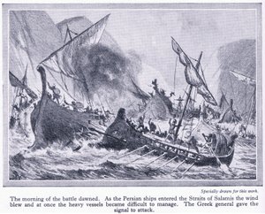 サラミスの戦い：ペルシャの船がサラミスの海峡に入ったとき、風が吹いて、それらを管理することが困難になりました、c.1950