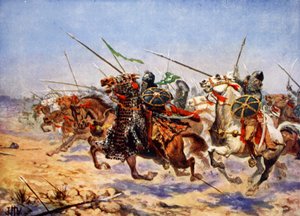 シャーバラズ騎兵隊の突撃、「ハッチンソンの国家の歴史」からのイラスト、1915 作： John Harris Valda