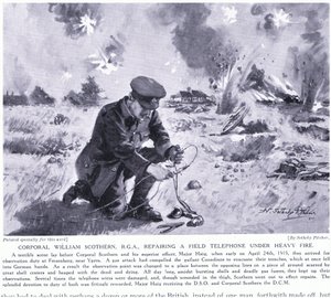 1915年5月、大規模な火災の下でフィールド電話を修理しているウィリアムスコザーンRGA伍長がDCM Ypresを授与されました