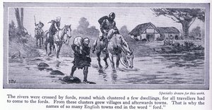 中世のイギリス。川は、いくつかの住居や村が集まったフォードによって交差されました、c.1950 作： John Harris Valda