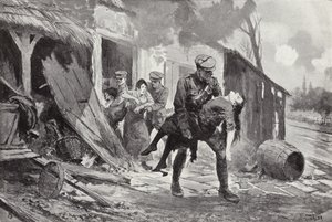 砲撃されていた農家、第一次世界大戦から負傷した女性を安全に運ぶガンナーJラファティー 作： John Harris Valda