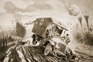 火事の最中に砲弾の穴に突入していたモーター救急車で負傷者の助けを求める民間のアダム