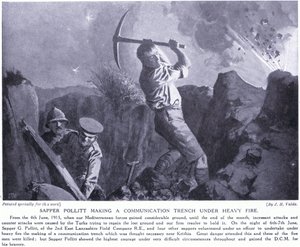 1915年6月、ガリポリ半島で大火事のもとでコミュニケーショントレンチを作るサッパーポリット 作： John Harris Valda