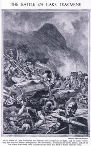 トラシメネ湖の戦い紀元前217年。ローマ人がカルタゴ軍から逃げていた場所、1950年頃 作： John Harris Valda