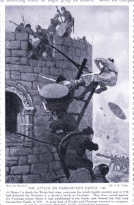 カーマーゼン城への攻撃AD1136、1920年代 作： John Harris Valda