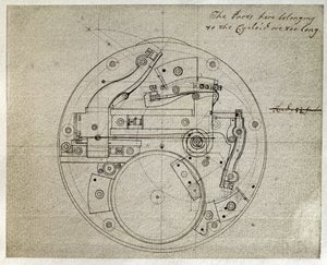 ジョン・ハリソン（1693-1776）によるH4タイムキーパーのムーブメントのレイアウトの図面、1759年頃（紙にペンとインク） 作： John Harrison