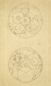 ジョンハリソンによって設計および描かれた経度計時装置H.4のムーブメント、c.1760-72（紙にインク） 作： John Harrison