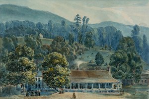 1832年、ホワイトサルファースプリングスのダイニングルームとステージオフィス。