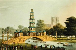 1814年の栄光の平和を記念して公園に建てられた中国の橋とパゴダ、マシュー・デュブール（fl.1785-20）による彫刻。 作： John Heaviside (after) Clark
