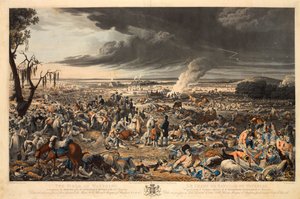 1815年6月18日の記念すべき戦いの翌朝に見られたワーテルローの戦場（アクアチント、カラー 作： John Heaviside (after) Clark