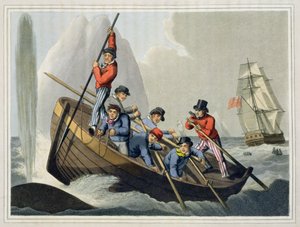 1813年にエドワードオームによって発行されたマシューデュブール（fl.1785-1820）によって彫刻された、クジラを攻撃する船のボート 作： John Heaviside Clark