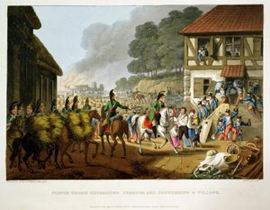 「歴史的、軍事的、海軍の逸話」、パブからマシューDubourg（fl.1813-20）によって刻まれた村を撤退し略奪するフランスの軍隊。エドワード・オーム（1774-c.1820）1816（アクアチント） 作： John Heaviside Clark