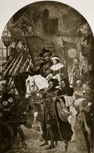 ヘンリー6世は、「ハッチンソンのイギリス国民の物語」1923年頃のイラスト、1471年のバーネットの戦いに連れて行かれます。 作： John Henry Amshewitz