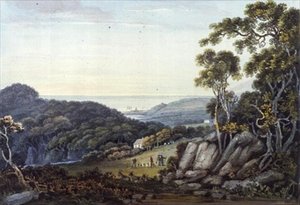 ダーグルからブレイへの眺め、グレン・オブ・ザ・ダウンズ、Co.ウィックロー 1822年頃（水彩 作： John Henry Campbell