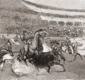 The Century Illustrated Monthly Magazineからのスペイン、セビリアの闘牛、1884年発行（木製彫刻） 作： John Henry Ellsworth Whitney