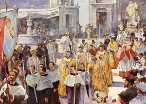 ローマカトリックの行列（カラーリトグラフ