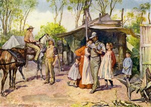 オーストラリアのブッシュで手紙を届ける（カラーリトグラフ 作： John Henry Frederick (after) Bacon