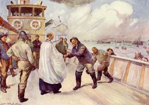 礼拝のために集合する北海の漁船団の漁師たち（カラーリトグラフ 作： John Henry Frederick (after) Bacon