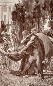 ブライアンが豚の皮を握る、チャールズスクワイアによる「ケルトの神話と伝説」のイラスト、1905年 作： John Henry Frederick Bacon