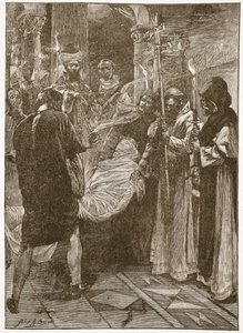 The Burial of King Ethelbert of Kent（ケント州のエセルバート王の埋葬）、イラストは「The Church of England:1910年頃に出版されたH.D.M. Spence-Jones著「The Church of England: A History for the People」のイラスト（リトグラフ）（セピア写真 作： John Henry Frederick Bacon