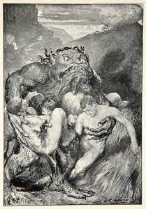 悪魔のデーモン、激しい貪欲で、貪欲にそれらを掴みました。MIEbbuttの「英雄神話と伝説の英雄」1910年 作： John Henry Frederick Bacon