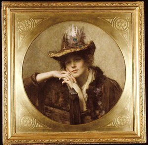孔雀の羽の帽子をかぶった女性 作： John Henry Henshall