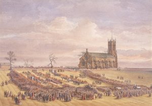 1862年1月26日、アーズドンチャーチヤードでのハートレー衝突事故の犠牲者の埋葬（水彩、紙） 作： John Henry Leonard