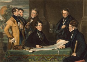 1836年11月7日のパブでロンドンからナッソーのウェルバーグまで空中航海する前の協議。 1843 作： John Hollins