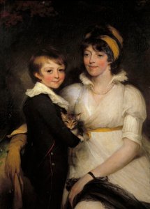 猫を抱く若い女性と少年 ジョン・ホップナー（1758-1810）の絵画 作： John Hoppner