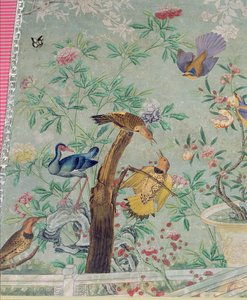 「アメリカの鳥」から切り取って、手描きの中国の壁紙に貼り付けたハシボソキツキ 作： John James Audubon