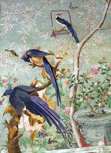 The Birds of America」から切り取ったカササギ・カケスのペアを、手描きの中国製壁紙に貼り付けた（コラージュ）。 作： John James Audubon
