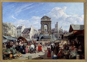 Le marche et la Fontaine des Innocents in Paris ジョン・ジェイムズ・シャロン（1778-1854）の絵画 1822年 日。1,06x1,52 m パリ、カルナヴァレ美術館 作： John James Chalon