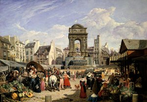 1823年パリ、無邪気な人々の市場と噴水 作： John James Chalon