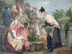 チャールズジョセフハルマンデル（1789〜1850年）によって彫刻されたフラワーマーケット、パリ、1821年公開 作： John James Chalon