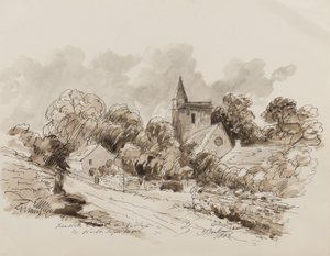 Kewstoke Church and Village、Weston Super Mare、サマセット、1882年（紙にペン、筆、インク） 作： John Joseph Barker