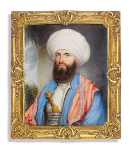 ジェームズ・シルク・バッキンガム（1786-1855）、水色のコートが付いた白いシャツ、肩にピンクの刺繍のショール、カマーバンドに固定された短剣が付いた白いターバン、モスクのある風景の背景
